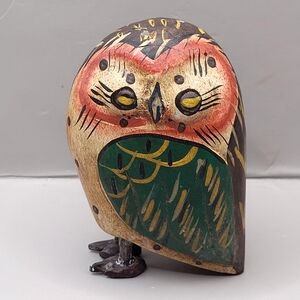 Vintage Hand-Painted Carved Wooden Owl Figurine Folk Art Primitive Decor READ
